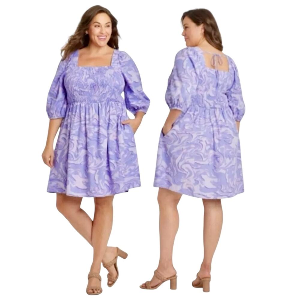Ava & Viv Dress Women's 1X Cottagecore Swirl Puff Sleeve Mini Psychedelic